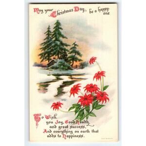 Vintage 1921 Christmas Postcard Winter Cabin & Poinsettias by Wolf & Co.